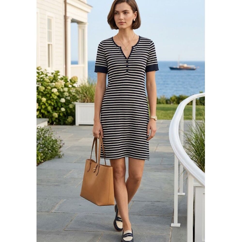 Ralph Lauren LRL Striped Henley Fit Flare Waffle Knit Cotton Midi Dress Plus 2X